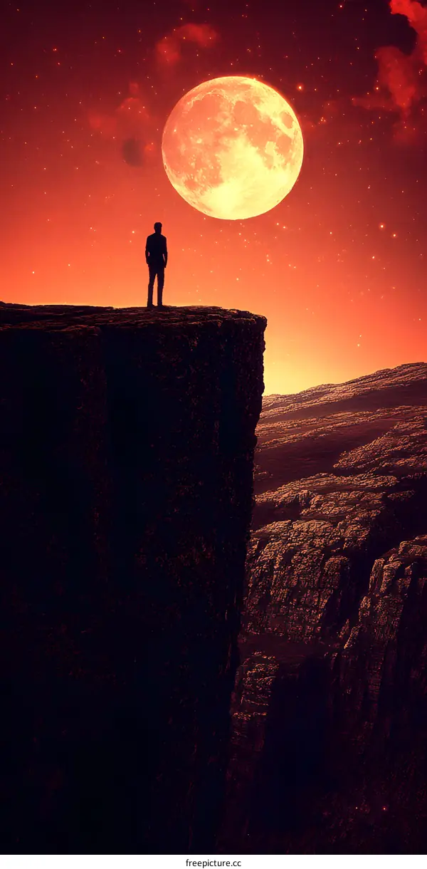 Silhouette of a Man Standing on a Cliff with a Large Moon in the Sky