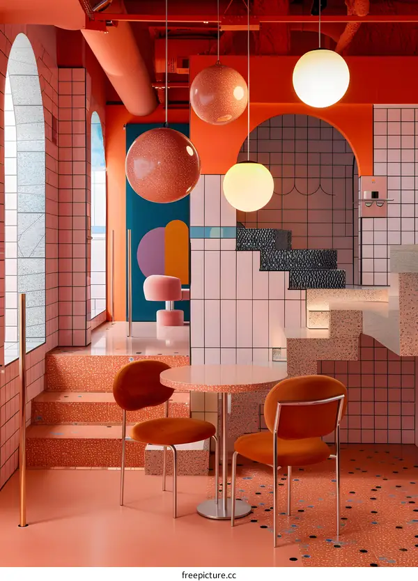 Modern Interior Design With Orange Terrazzo Tiles and Pink Walls