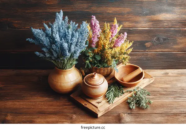 Rustic Dried Flower Arrangement with Herbs and Pottery