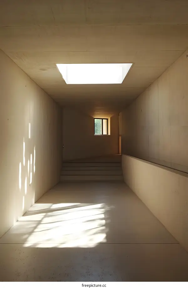 Sunlight Streaming Through Concrete Hallway With Skylight And Window