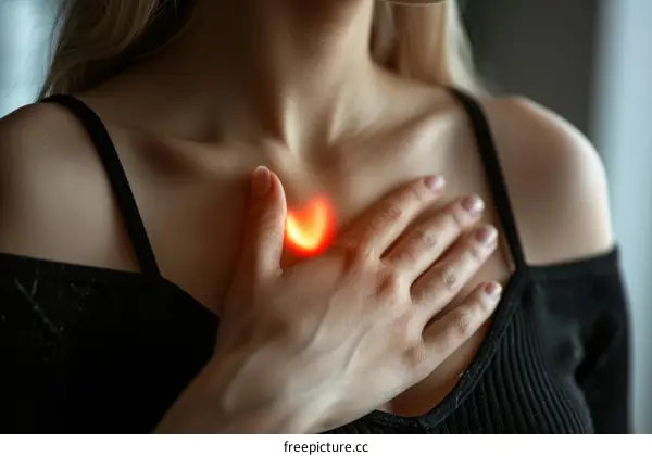 A woman clutching her chest in pain