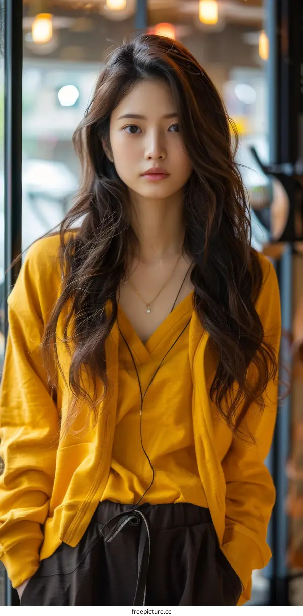 A beautiful Asian woman with long brown hair wearing a yellow sweater
