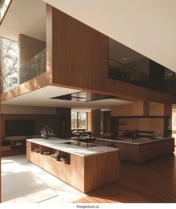 Modern Kitchen Design With Wooden Cabinets And A Large Island