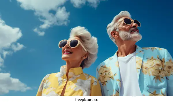 Stylish senior couple wearing sunglasses and floral shirts