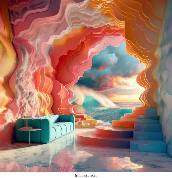 Surreal Seascape Painting with Pink and Blue Waves