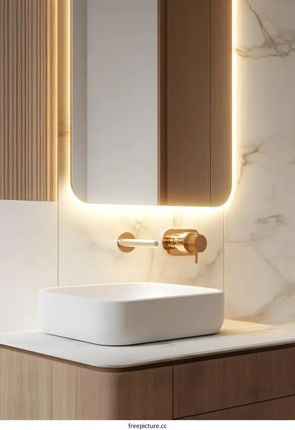 Modern Bathroom Design With Illuminated Mirror And Vanity