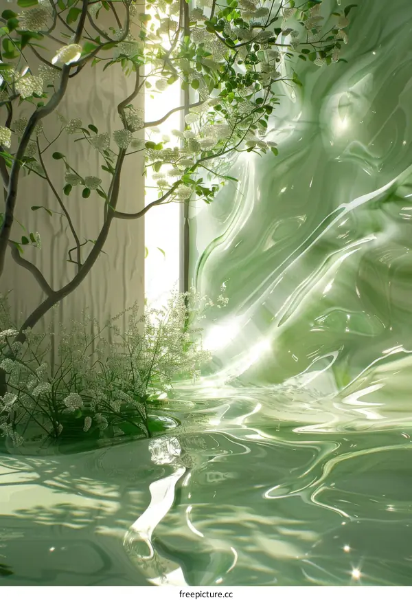 Abstract Pastel Green Liquid Landscape with Blossoms