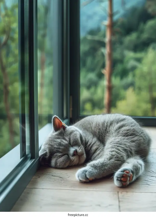 A gray cat is sleeping on the floor in front of a large glass window.