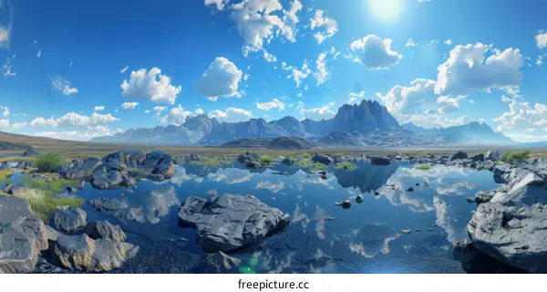 Mountain Lake Reflection with Sky and Clouds