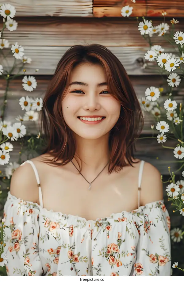 Smiling Asian Woman with Flowers