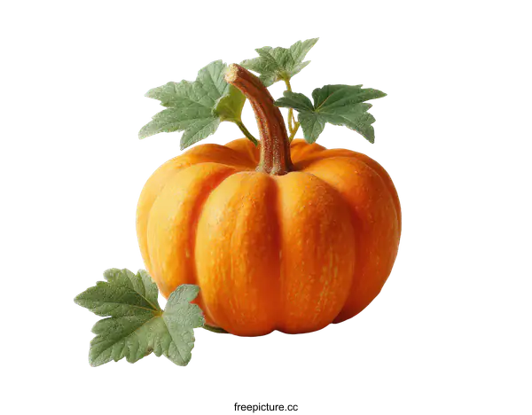 [Transparent Background PNG]Close-up of a small orange pumpkin with leaves