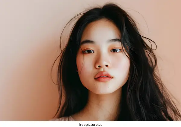 Portrait of Young Asian Woman with Long Black Hair