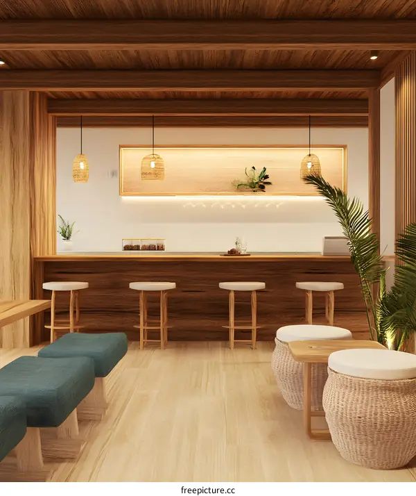 Minimalist Wooden Bar Counter With Hanging Lights In A Japanese Style Interior
