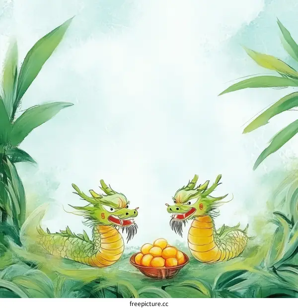 Two Dragons Sharing Fruit in a Lush Jungle