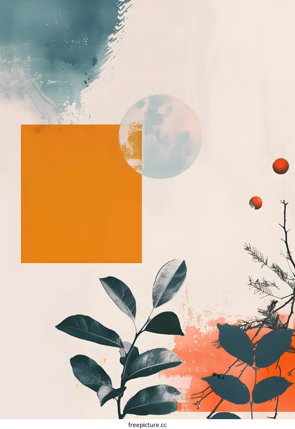 Abstract Art with Leaves, Moon, and Geometric Shapes