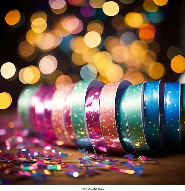 Colorful Streamers and Confetti on a Wooden Table with Festive Lights