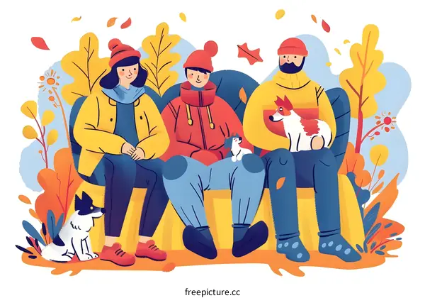 Family with Dogs Relaxing in Autumn Park Illustration