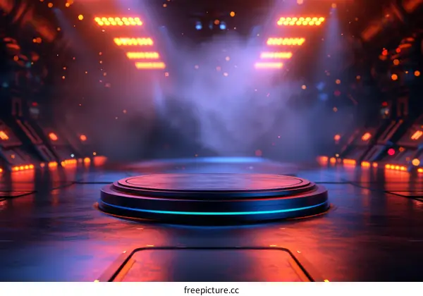 futuristic stage podium with bright lights and smoke