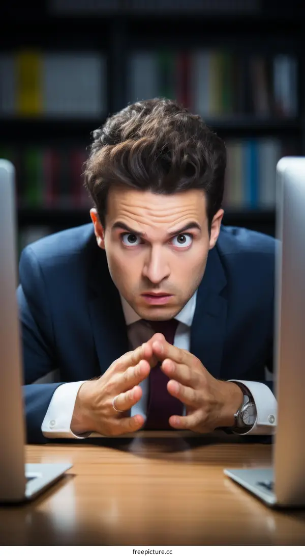 businessman looking at two computer screens with a shocked expression on his face