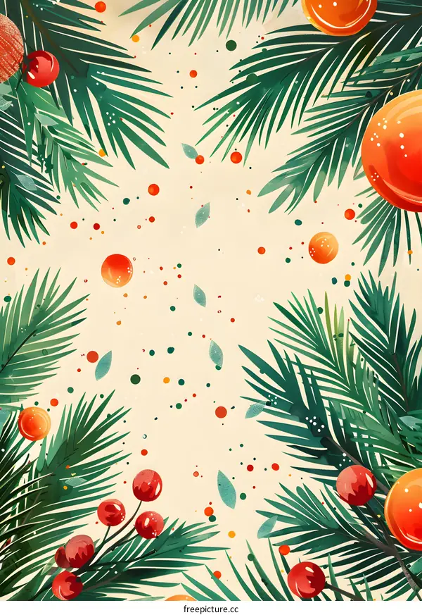 Tropical Christmas background with palm leaves and berries
