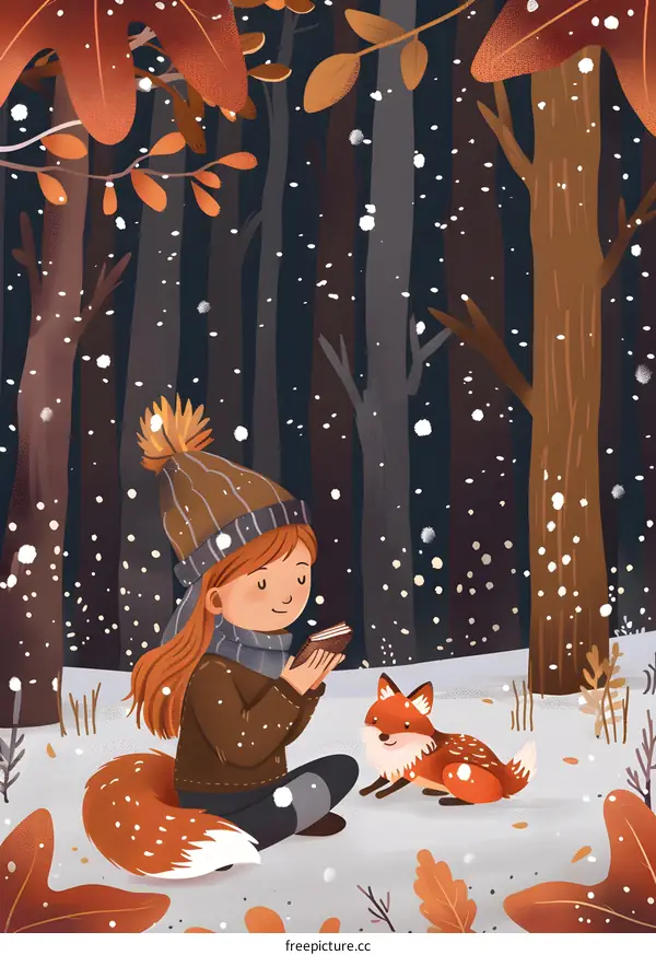 Girl Reading in the Snowy Forest With a Fox