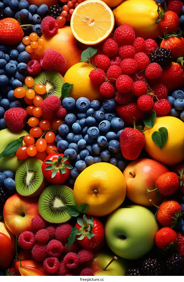 A variety of fruits including strawberries, blueberries, raspberries, and oranges