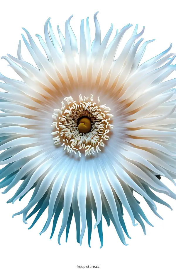 A close-up image of a white anemone with a yellow center