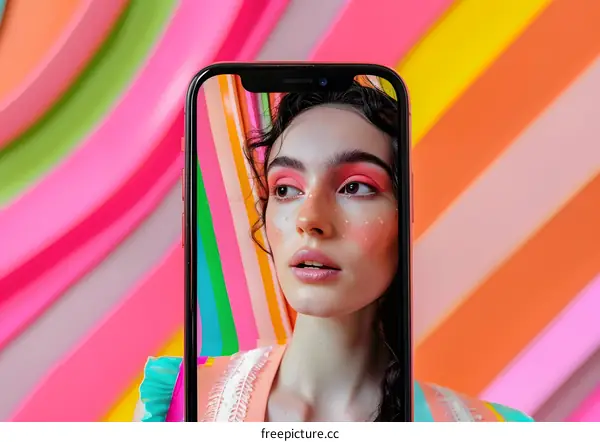 Woman with Makeup Looking at Camera on Smartphone Screen