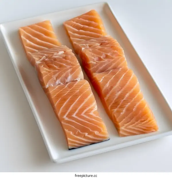 Fresh salmon fillets on a white plate