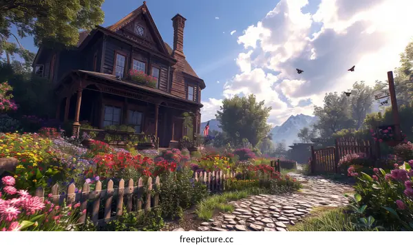 Exterior of a Delightful Home Surrounded by Summery Blooms and Foliage