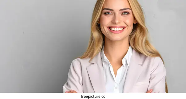 Smiling Caucasian Woman With Blonde Hair Wearing Blazer And White Shirt
