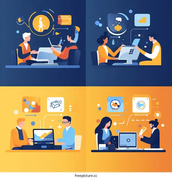 Illustration of people working together on computers