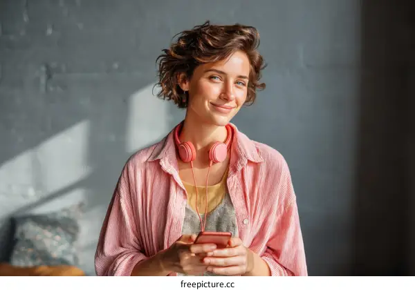 Young Woman with Headphones and Smartphone