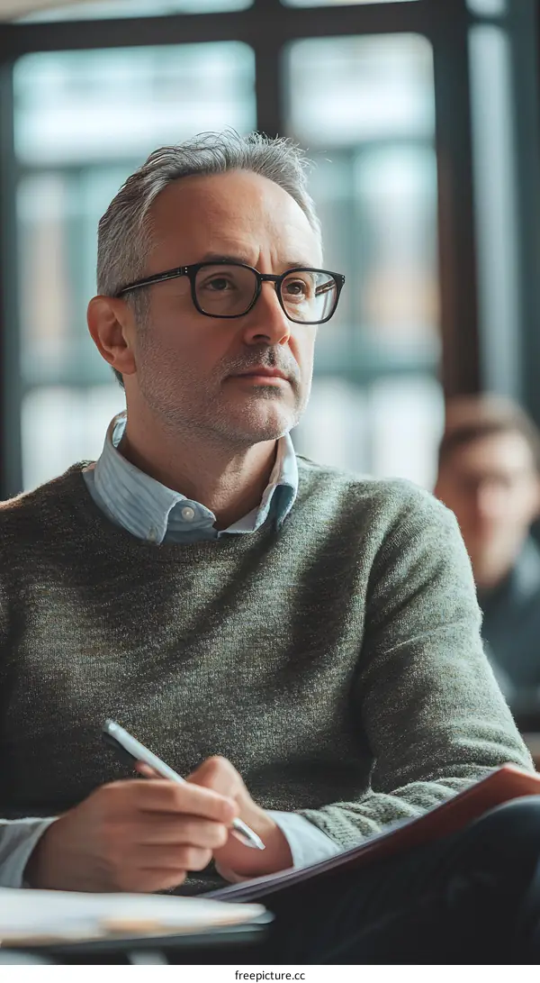 Man Wearing Glasses Taking Notes While Sitting in Meeting