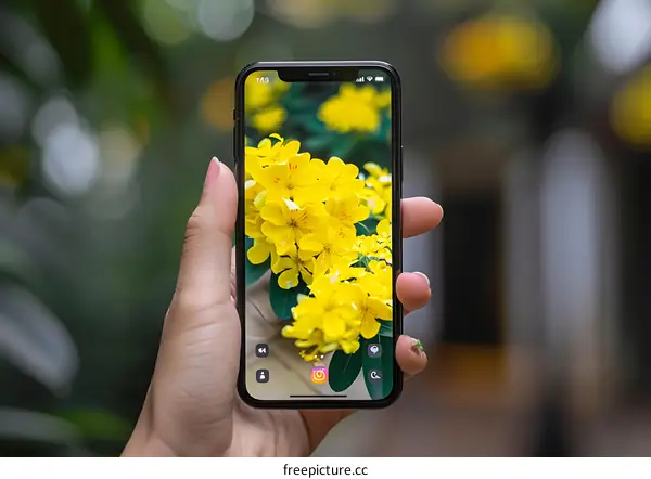Hand Holding Phone with Yellow Flowers on the Screen
