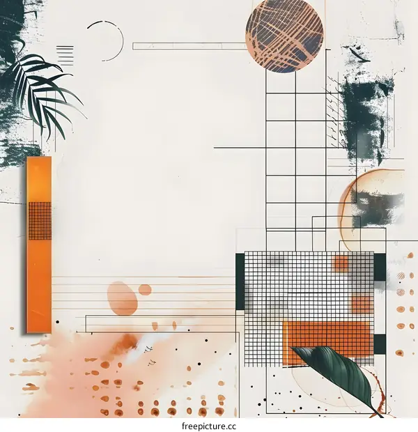 Abstract Geometric Shapes with Green Leaves on White Background