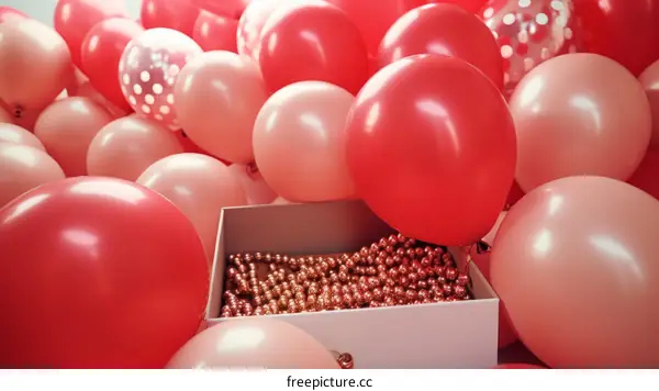 A box of gold beads with a lot of red and pink balloons