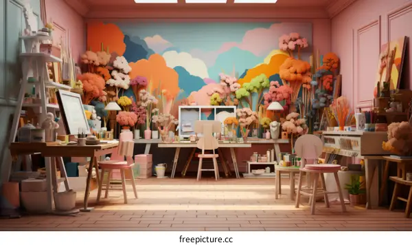 A colorful and whimsical illustration of an artist's studio