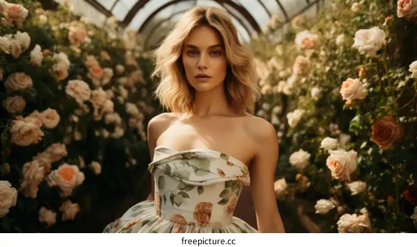 Elegant woman in a floral dress standing in a rose garden