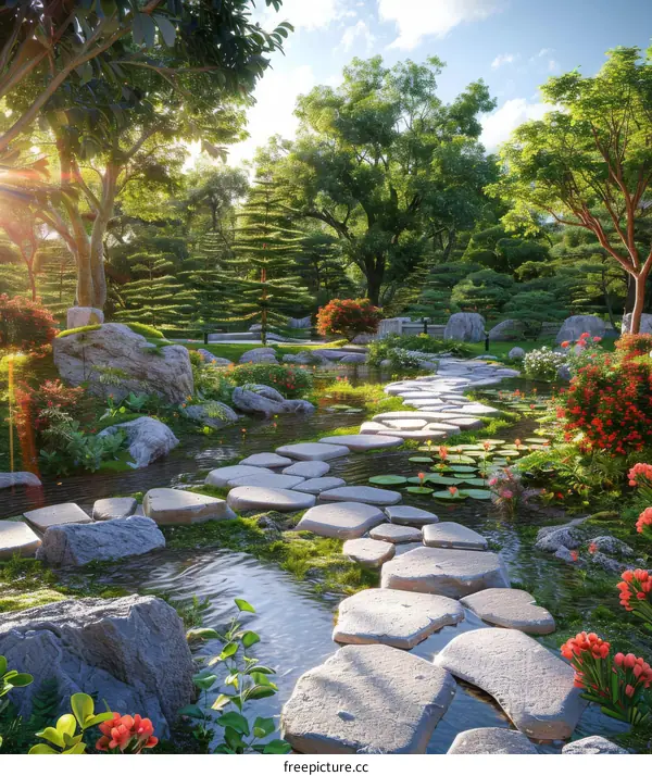 Landscaping Design with Rocks, a Small Pond, and Stepping Stones