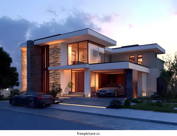 Modern House with Stone Facade and Large Windows at Dusk