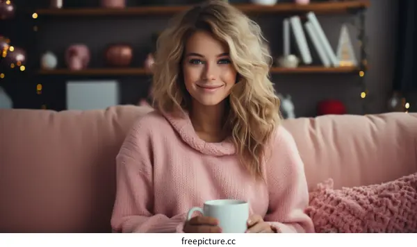 Smiling woman in pink sweater holding a cup of coffee
