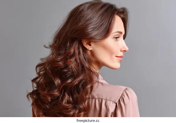 Portrait of Young Woman with Long Curly Brunette Hair in Pink Blouse