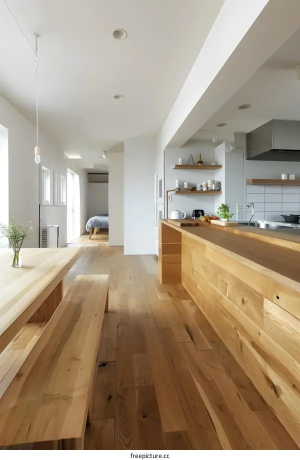 Modern Minimalist Kitchen Dining Room Interior Design with Wooden Flooring and Bench