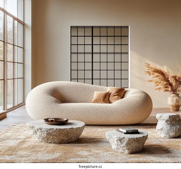 Modern Beige Sofa and Stone Coffee Tables in a Minimalist Living Room