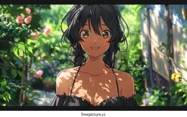 Smiling Anime Girl in a Garden