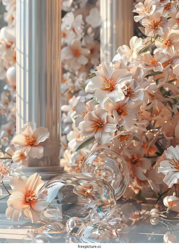 Elegant Floral Artistic Scene with Glassy Details