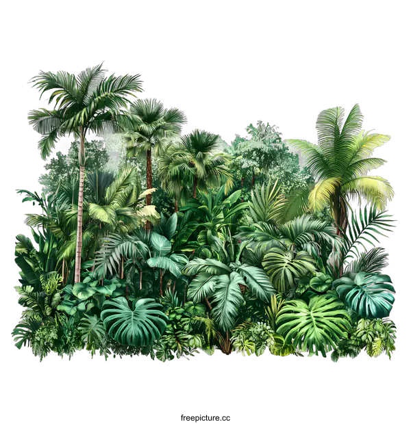 [Transparent Background PNG]Tropical Jungle Illustration with Palm Trees and Lush Greenery