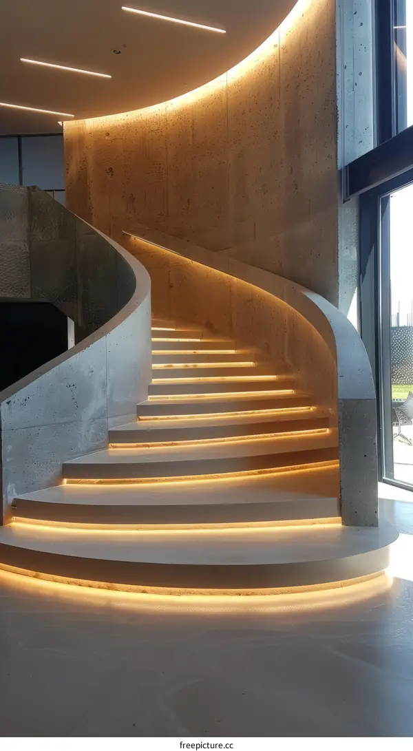 Modern Office Interior with Curved Concrete Staircase