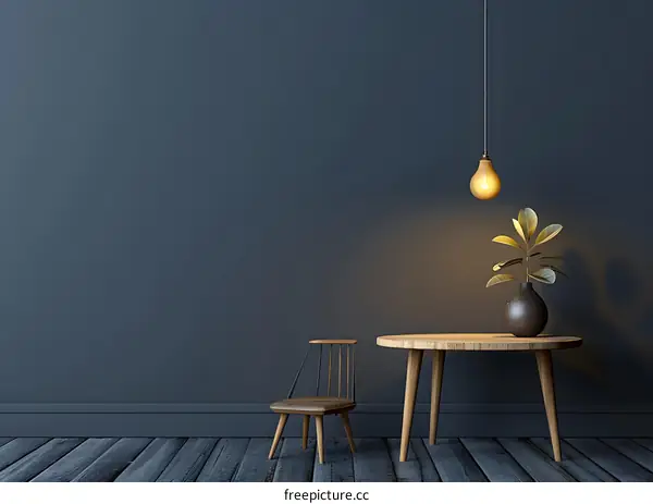 Minimalist Home Interior Design With Simple Furniture And A Hanging Light Bulb